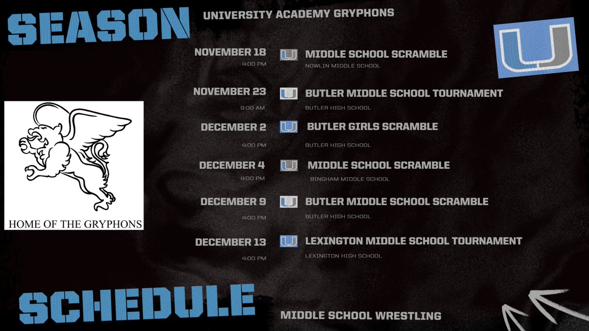 The 2024 Middle School Wrestling Season is here!  Wrestlers are ready to hit the mat and give it their all this season.  Today marks the start of Middle School competition, so make sure to check out the full schedule, and come out to support the team! #WreslingSeason #UAGryphons
