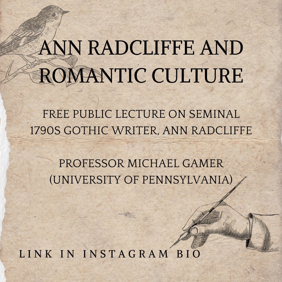 SheffieldGothic's tweet photo. Our friends over at the 'Ann Radcliffe, Then and Now' project are hosting a free public lecture on the 13th December! 

Join Professor Michael Garner to learn more about Radcliffe's life, writing, and the astounding influence she had on Romantic writing and culture. https://t.co/XJmJADyebo