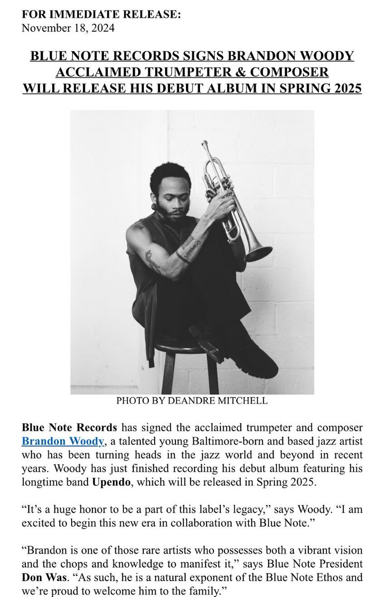 Bobby Woody ⛺️ (@hibobbywoody) on Twitter photo My brother ain’t on Twitter anymore, so I just wanted to come on here and scream it.
BRANDON WOODY HAS SIGNED TO <a href="/bluenoterecords/">Blue Note Records</a> AND HAS AN ALBUM COMING OUT NEXT SPRING My brother ain’t on Twitter anymore, so I just wanted to come on here and scream it.
BRANDON WOODY HAS SIGNED TO <a href="/bluenoterecords/">Blue Note Records</a> AND HAS AN ALBUM COMING OUT NEXT SPRING