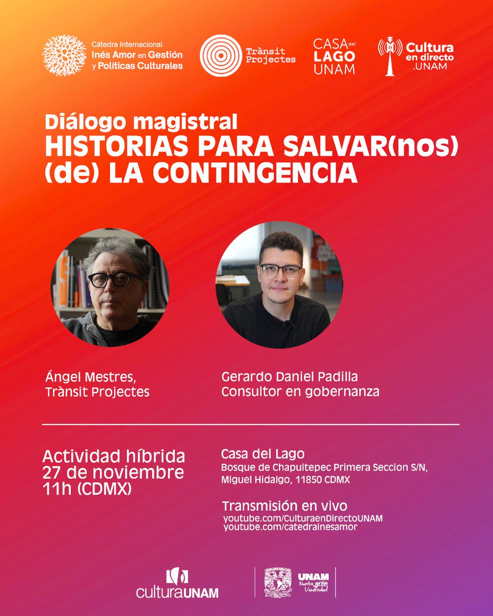 Cátedra Inés Amor (@catedrainesamor) on Twitter photo ¡Acompáñanos en el diálogo “HISTORIAS PARA SALVAR(nos) (de) LA CONTINGENCIA”!
Participantes: Ángel Mestres (<a href="/TransitCultura/">Trànsit Projectes</a>) y Gerardo Daniel Padilla (Consultor cultural)
Actividad híbrida 27 noviembre | 11 am (CDMX)
Conoce más 👉 catedrainesamor.com/dialogo-histor… ¡Acompáñanos en el diálogo “HISTORIAS PARA SALVAR(nos) (de) LA CONTINGENCIA”!
Participantes: Ángel Mestres (<a href="/TransitCultura/">Trànsit Projectes</a>) y Gerardo Daniel Padilla (Consultor cultural)
Actividad híbrida 27 noviembre | 11 am (CDMX)
Conoce más 👉 catedrainesamor.com/dialogo-histor…