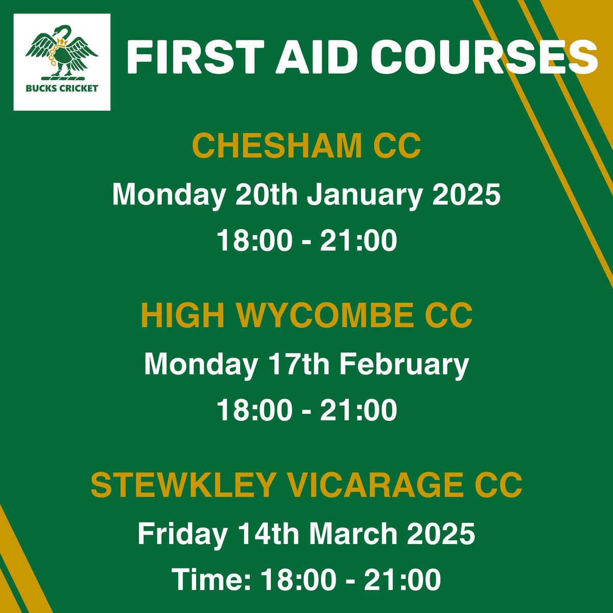 🩹 FIRST AID COURSES 🩹

We have 3 courses available to book before the 2025 season kicks off!
Cost: £40pp

Book here:
buckscricket.co.uk/pages/first-ai…

🦢🏏 #BucksCricket