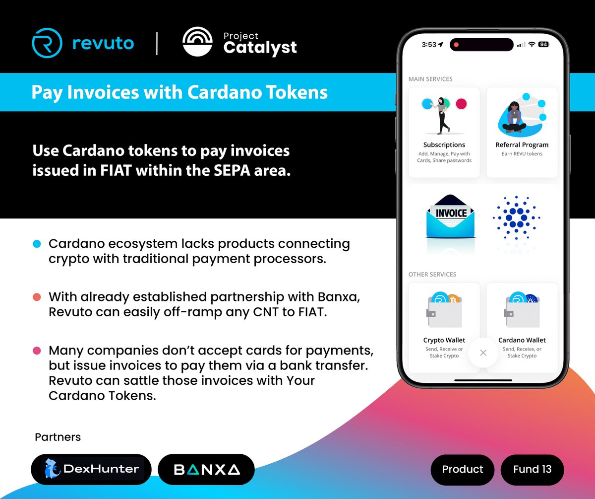 Revuto (@get_revuto) on Twitter photo 🔥 Revuto will allow you to Pay Your Invoices with Cardano Tokens to boost #Cardano adoption further.
Our second <a href="/Catalyst_onX/">Project Catalyst</a> proposal will allow you to pay your utility bills, lease installments, credit, or any other invoice issued in FIAT with tokens in your Cardano wallet. 🔥 Revuto will allow you to Pay Your Invoices with Cardano Tokens to boost #Cardano adoption further.
Our second <a href="/Catalyst_onX/">Project Catalyst</a> proposal will allow you to pay your utility bills, lease installments, credit, or any other invoice issued in FIAT with tokens in your Cardano wallet.