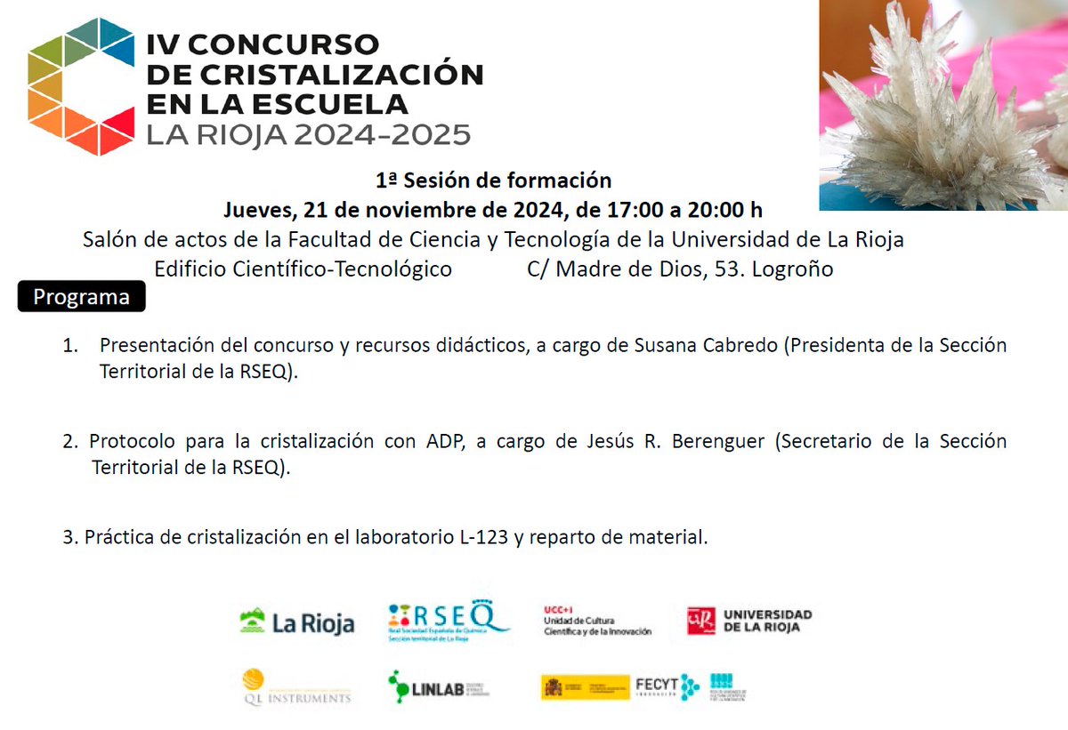 Esta semana damos el pistoletazo de salida a la cuarta edición de #CristalizaciónRioja con la celebración el jueves 21 de noviembre de la 1ª sesión de formación!! En #FCyT de <a href="/unirioja/">Universidad de La Rioja</a>  #CristalizaciónenlaEscuela <a href="/RSEQUIMICA/">RSEQ</a> <a href="/lariojaorg/">Gobierno de La Rioja</a> #UCCUnirioja <a href="/qlinstruments/">QL INSTRUMENTS SLU</a> #Linlab