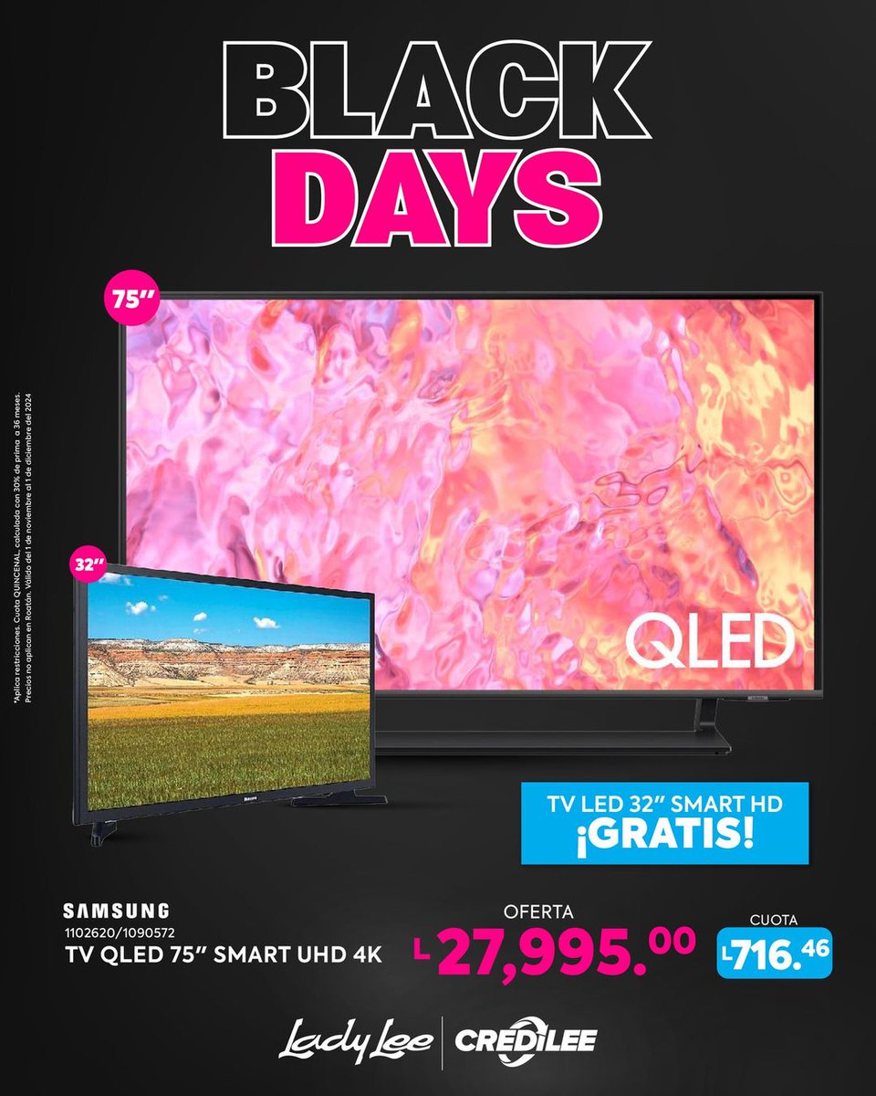LadyLeeHND's tweet image. 🔥Porque mereces más en nuestros Black Days🔥 Llévate tu TV #QLED 75” y de REGALO una TV LED 32”.🎊 ¡Es hora de renovar tu entretenimiento! 🎬💥

#TodoParaMiHogar #Samsung #Decor #Honduras