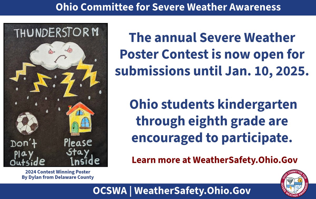 The annual Severe Weather Poster Contest is now open. Ohio students kindergarten through eighth grade are encourage to participate. For more information and to download the entry form, visit: bit.ly/3OdqaOk #OCSWA