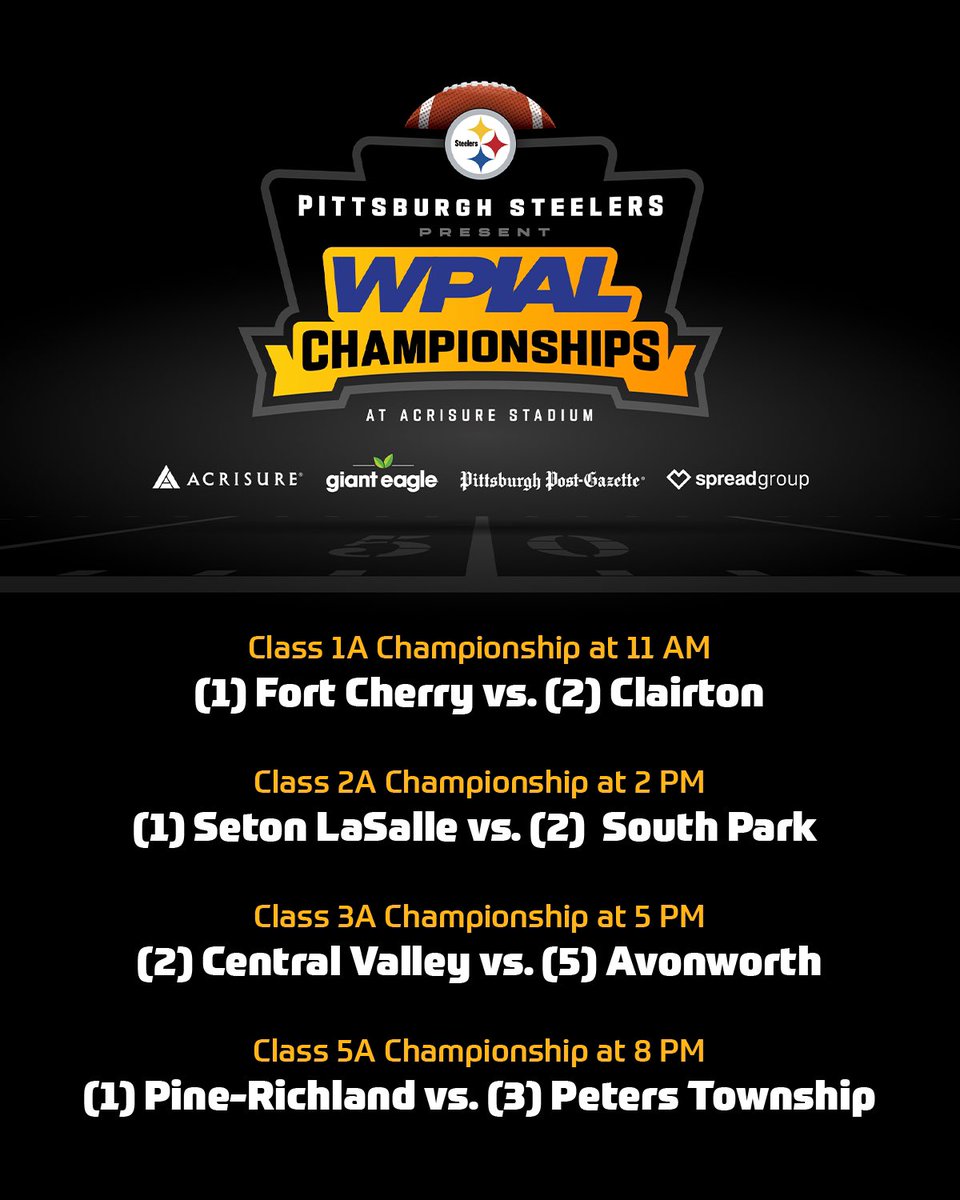 SteelersYouthFB's tweet photo. Check out this weekend’s slate 🎬

The WPIAL 1, 2, 3, and 5A Championship games are set to take place at Acrisure Stadium this Saturday!

Learn more/Buy tickets ➡️ https://t.co/X3lrubCkhk https://t.co/H4lPFEU8jO