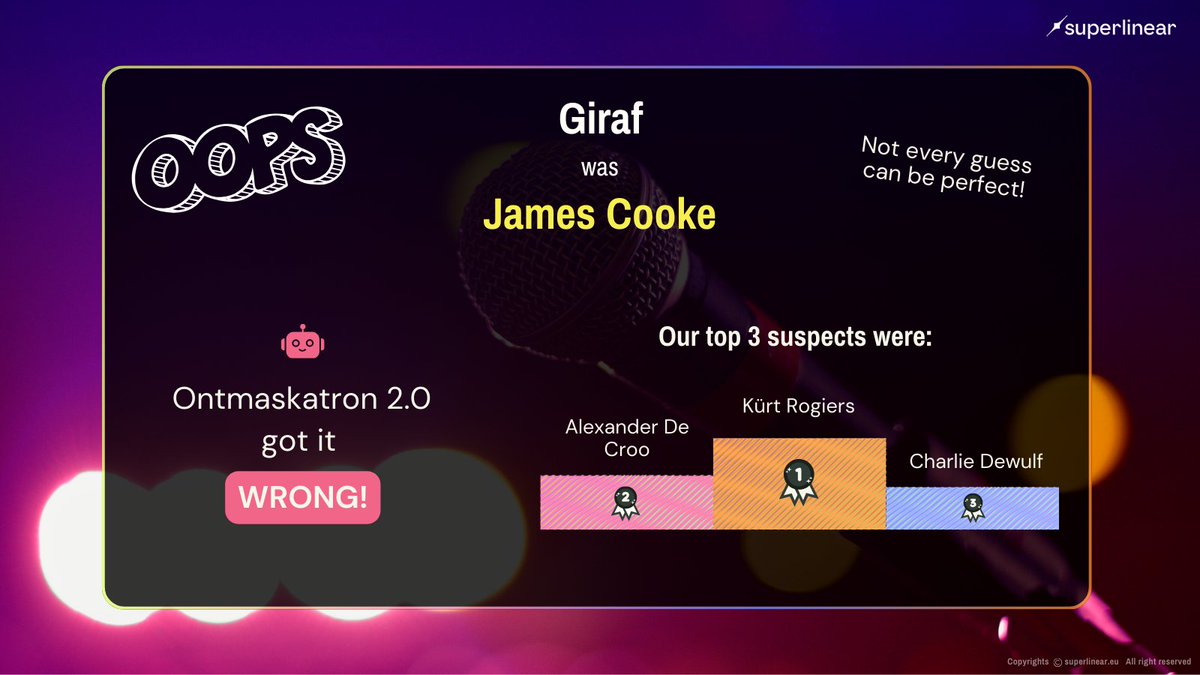 Even the best detectives slip up! 🕵️‍♂️ Ontmaskatron failed to predict Giraf as James Cooke! 

Can our AI raise its head above the rest again in the next episode? 🦒 Stay tuned to find out! 🤔🔍 #TheMaskedSinger <a href="/VTM/">VTM</a> #AI
