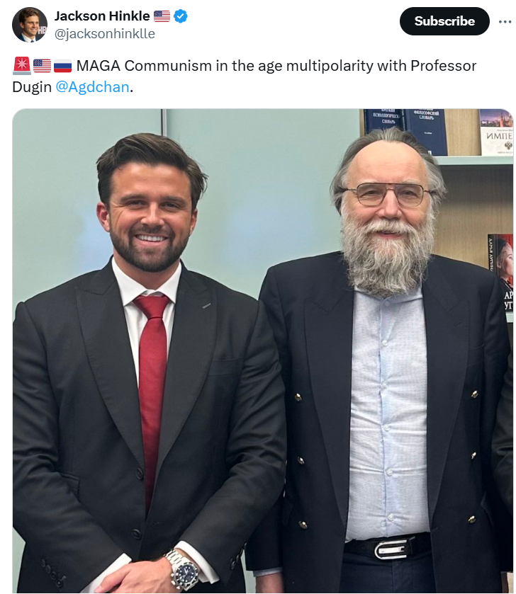 TrevorLoudon1's tweet photo. Tulsi Gabbard, MAGA Communism and 'Multipolarity'
Today's #TulsiFiles #3 delves more into so-called "MAGA Communist" Jackson Hinkle, Tulsi Gabbard's long-time ally who endorsed her for Secretary of State on November 9, 2024, long after her supposed Republican "conversion".
One cannot discuss Jackson Hinkle without addressing his ongoing connection to "Putin's Brain" Aleksandr Dugin, who openly wants to destroy the West using his theory of "Multipolarity".
Multipolarity is โa scam used to turn people against the West by fomenting civil war and unrest in Europe and the United States so that Russia, China, Iran, and their allies can achieve world dominance.โ
https://t.co/cITnkgtKlv
Duginโs strategy involves sowing deep political divisions utilizing communist, fascist, socialist and even libertarian factions within the United States & Europe, to exploit existing tensions to foment civil unrest and chaos.
Read more about "MAGA Communism" at @RAIRFoundation:
https://t.co/Zyt8kbcl0O
Dugin promoted Tulsi Gabbard on social media during her presidential run in 2020.
Will Tulsi Gabbard's ties to figures like Jackson Hinkle, who align with Dugin's anti-Western crusade, come under scrutiny as she faces potential confirmation?