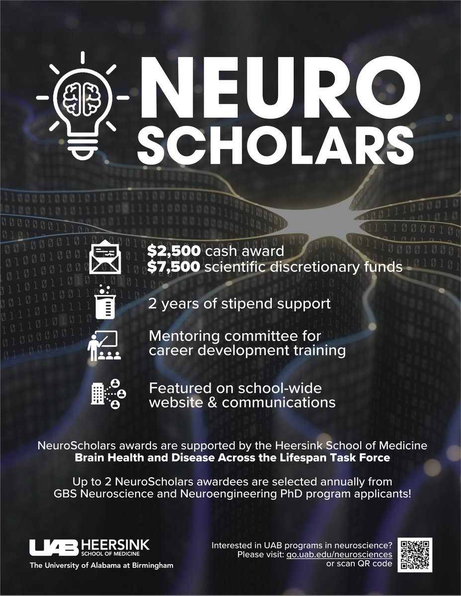 Interested in UAB graduate programs in Neuroscience or Neuroengineering? NeuroScholars awards will be selected from program applications and includes $10,000 in discretionary and award funds!  
uab.edu/gbs/home/theme…
uab.edu/engineering/ho…