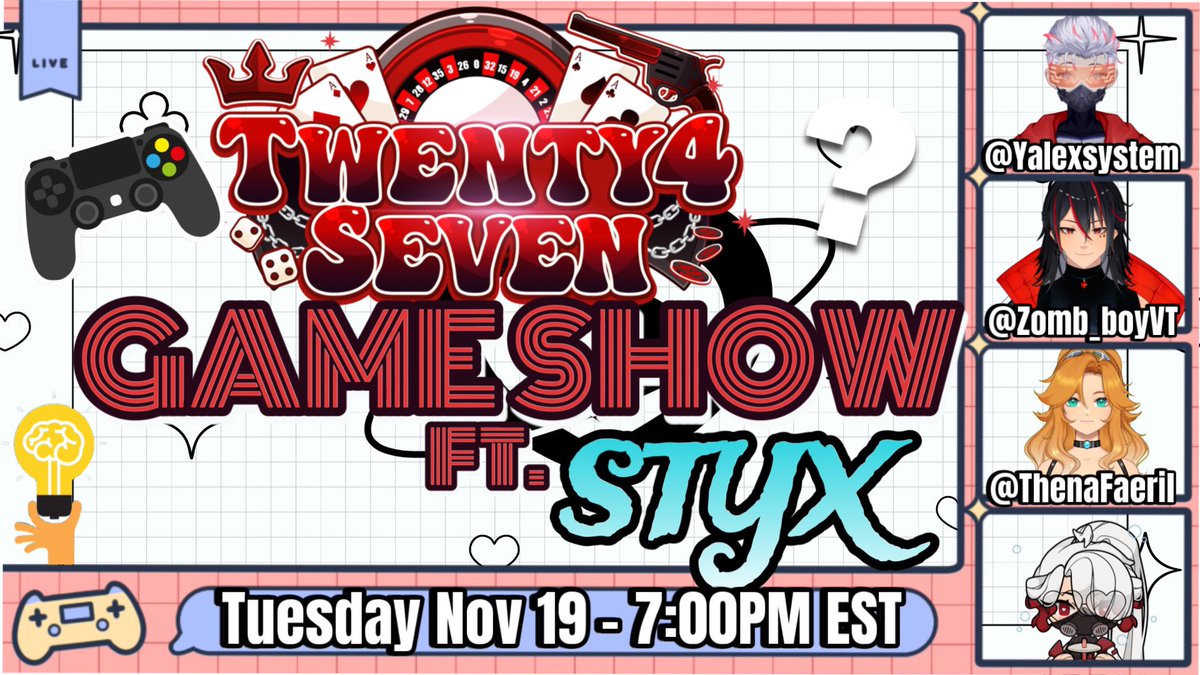 Kaeru Chibana ⚔️ (@kaeruchibana) on Twitter photo Tomorrow @ 7:00PM EST
<a href="/Twenty4SevenVT/">Twenty4Seven</a> hosts their first game show featuring Styx:
<a href="/Thena_Faeril/">Thena Faeril 🧪🌱 - Twenty4Seven STYX</a>
<a href="/yalexsystem/">Yale🤖💩</a>
<a href="/zomb_boyVT/">zombie</a>
Lot of fun games and categories, let me know who you think is gonna win 🥇 Tomorrow @ 7:00PM EST
<a href="/Twenty4SevenVT/">Twenty4Seven</a> hosts their first game show featuring Styx:
<a href="/Thena_Faeril/">Thena Faeril 🧪🌱 - Twenty4Seven STYX</a>
<a href="/yalexsystem/">Yale🤖💩</a>
<a href="/zomb_boyVT/">zombie</a>
Lot of fun games and categories, let me know who you think is gonna win 🥇