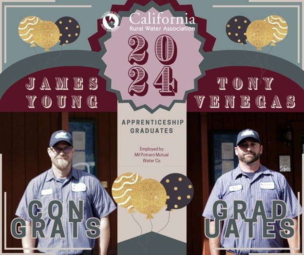 CalRural's tweet image. We’d like to highlight two of our most dedicated and hardworking Apprenticeship Graduates: JAMES YOUNG and TONY VENEGAS, employed by Mil Potrero Mutual Water Company out of Pine Mountain, CA! #ruralwater #wateroperator #wastewater #apprenticeship #NationalApprenticeshipWeek