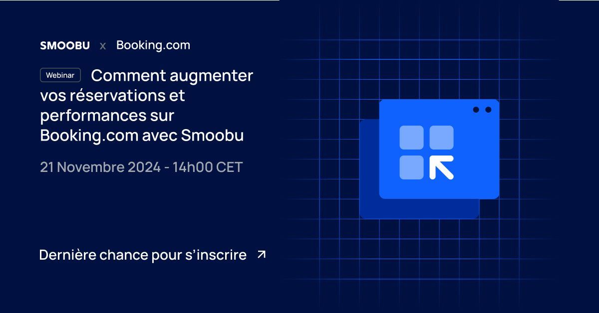 Rejoignez notre webinaire GRATUIT “Augmentez vos réservations et performances sur Booking.com avec Smoobu” le 21 novembre à 14h00 CET. C'est votre dernière chance de vous inscrire et d'apprendre à améliorer vos annonces ! buff.ly/3O5LkxL