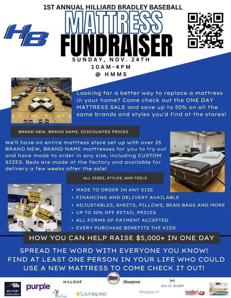 Sore back? Stiff neck? Can’t sleep? 🛏️💤🥱

Come check out the Bradley Baseball Mattress Sale and get yourself a new comfy bed! 

*** At Memorial Middle School - this Sunday, NOVEMBER 24, 10AM - 4PM ***