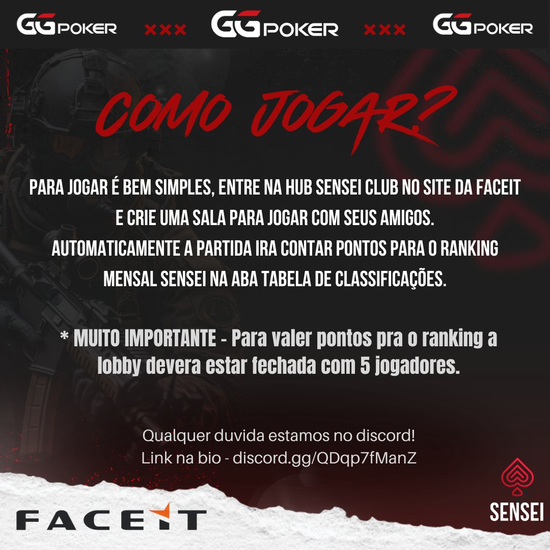 SALVE Galera!

Está no AR em parceria com a FACEIT nossa HUB SENSEI.
Jogue na FACEIT com os amigos e ganhe premiações do 1º ao 50º. 

Valendo uma faquinha para o primeiro colocado, tem AK47, AWP, M4A1, EAGLE e muitos FACEITS points.

faceit.com/pt/inv/Md47FXh