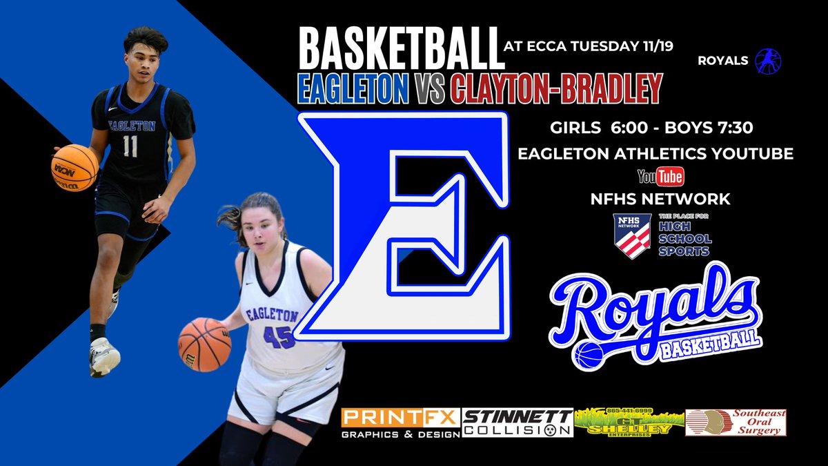 Scott West (@coachw25) on Twitter photo Royals and Lady Royals open tonight at Greenback 6:00 girls, 7:30 Boys...tomorrow is our home opener 6:00 and 7:30 Come check out the new designs in the gym and cheer on our teams. <a href="/5StarPreps/">5Star Preps</a> <a href="/TDT_Sports/">Daily Times Sports</a> <a href="/eccaathletics/">ECCA_Athletics</a> <a href="/ECCARoyals/">Eagleton College & Career Academy</a> Royals and Lady Royals open tonight at Greenback 6:00 girls, 7:30 Boys...tomorrow is our home opener 6:00 and 7:30 Come check out the new designs in the gym and cheer on our teams. <a href="/5StarPreps/">5Star Preps</a> <a href="/TDT_Sports/">Daily Times Sports</a> <a href="/eccaathletics/">ECCA_Athletics</a> <a href="/ECCARoyals/">Eagleton College & Career Academy</a>