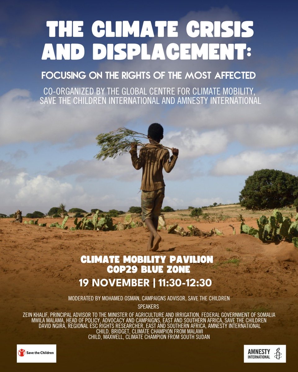 #COP29 Event:

The #ClimateCrisis and #Displacement

Date: 19/11/2024

An event by ⁦⁦<a href="/ESASavechildren/">Save the Children E&SA</a>⁩ ⁦⁦<a href="/AmnestyEARO/">Amnesty Eastern Africa</a>⁩ and the Cetre for Climate Mobility 

Featuring my current colleague ⁦<a href="/davidngira/">Dr. Ngira David</a>⁩ and former colleague ⁦<a href="/malama_mwila/">Malama Mwila</a>⁩ !!