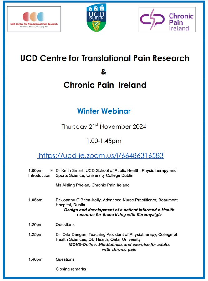 UCD Pain Centre (@ucd_ctpr) on Twitter photo Living with chronic pain? Don't miss this very informative webinar on patient-informed e-health resources. 📌 Open to all please join us via ucd-ie.zoom.us/j/66486316583 at 1:00 pm 21/11/24, <a href="/IrishPainSoc/">Irish Pain Society</a> , <a href="/_ISCP_/">ISCP</a>
<a href="/ucddublin/">University College Dublin</a>
<a href="/naiireland/">Neurological Alliance of Ireland</a>
<a href="/HospitalProNews/">Hospital Professional News</a> Living with chronic pain? Don't miss this very informative webinar on patient-informed e-health resources. 📌 Open to all please join us via ucd-ie.zoom.us/j/66486316583 at 1:00 pm 21/11/24, <a href="/IrishPainSoc/">Irish Pain Society</a> , <a href="/_ISCP_/">ISCP</a>
<a href="/ucddublin/">University College Dublin</a>
<a href="/naiireland/">Neurological Alliance of Ireland</a>
<a href="/HospitalProNews/">Hospital Professional News</a>