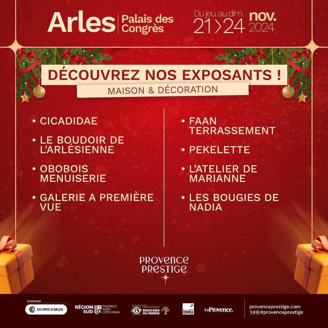 Provence Prestige 2024 : Découvrez nos exposants ! 🎉

Rendez-vous du jeudi 21 au dimanche 24 novembre au Palais des Congrès Arles, pour découvrir l'artisanat provençal 

#ProvencePrestige #MaisonDecoration #MadeInProvence #Arles #ÉvénementLocal