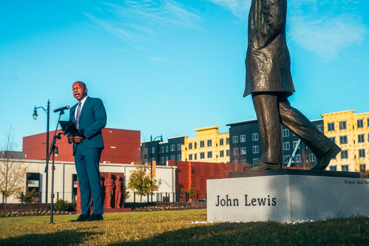 LegacySites's tweet image. A statue of civil rights champion John Lewis was unveiled at the Legacy Plaza in downtown Montgomery, AL. This statue is the first life-sized sculpture of John Lewis in his home state.