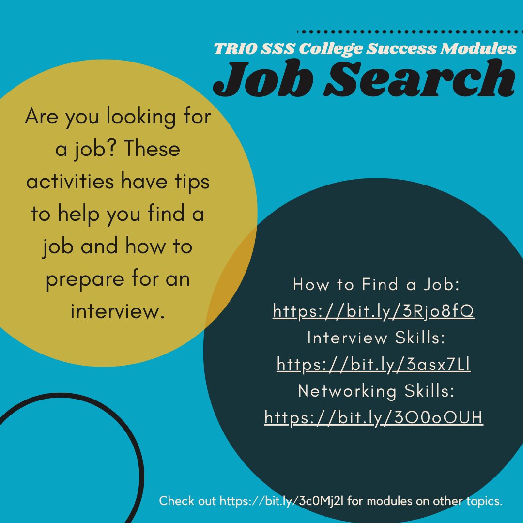 nw_triosss's tweet image. Are you looking for a job? These activities have tips to help you find a job and how to prepare for an interview.

#collegesuccessmodules #TRIOSSS #jobsearch