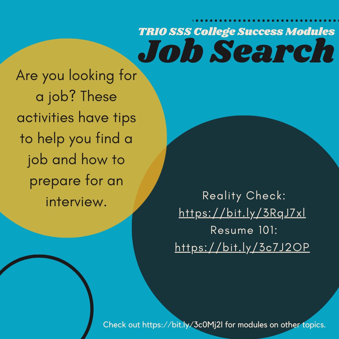 nw_triosss's tweet image. Are you looking for a job? These activities have tips to help you find a job and how to prepare for an interview.

#collegesuccessmodules #TRIOSSS #jobsearch