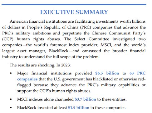 The US government has blacklisted numerous Chinese companies for working with the People's Liberation Army OR engaging in gross human rights abuses. 

Why did <a href="/MSCI_Inc/">MSCI</a> channel $3.7 million into these firms in 2023?  

Why did <a href="/BlackRock/">BlackRock</a> invest $1.9 billion?