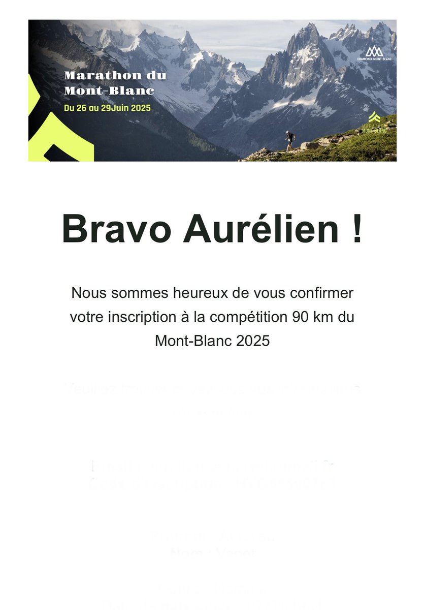 Le destin a choisi ! Après 2023 je vais avoir la chance de revivre cette fabuleuse aventure du 90km du Mont-Blanc <a href="/MarathonMtBlanc/">Marathon Mont-Blanc</a> 🏃🏔️