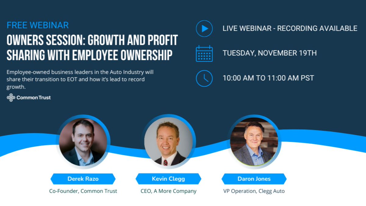 You are invited to attend this free webinar with Common Trust on November 19: "Owner Sessions: Growth And Profit Sharing With Employee Ownership."

RSVP now: pulse.ly/qppguwkope

#NCEOC #employeeownership #northcarolina