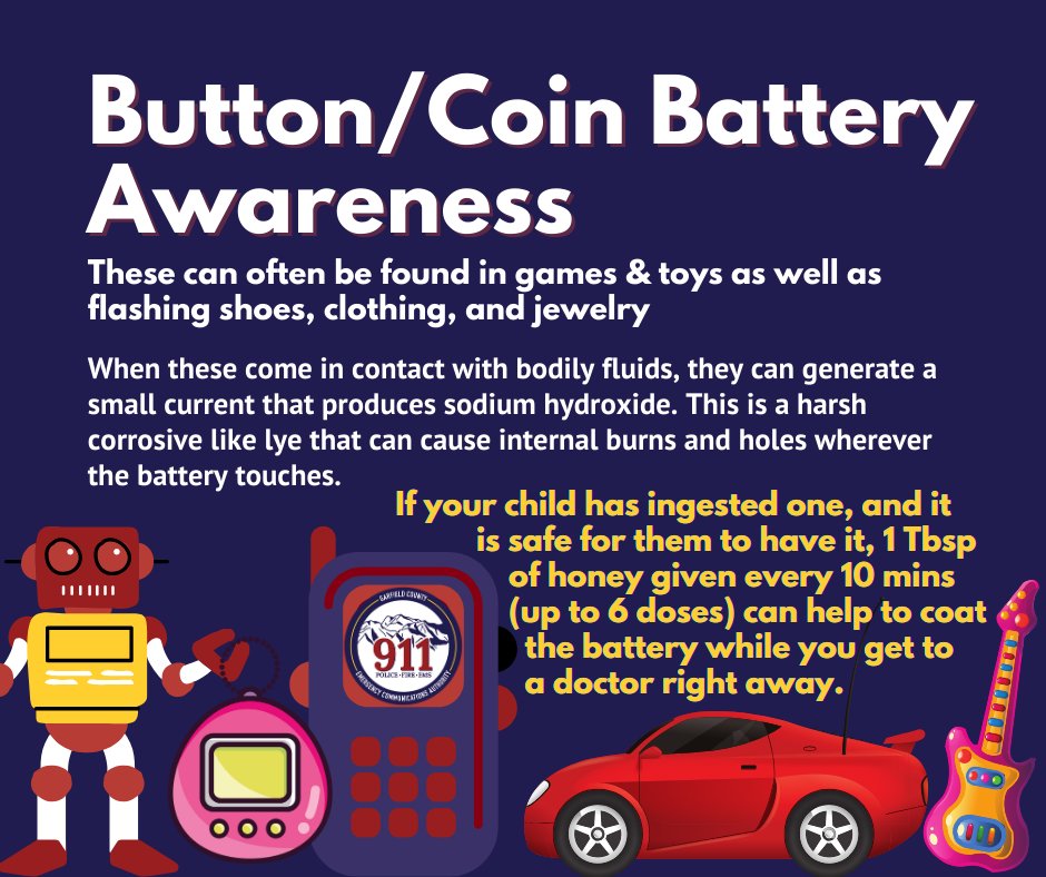 Garco911's tweet image. More than 2,800 children are treated in emergency rooms across the country every year for injuries related to button batteries. 12% of these children require hospitalization. If ingested, call 911 and seek medical help immediately.
#garco911 #ButtonBatteryAwareness #ChildSafety