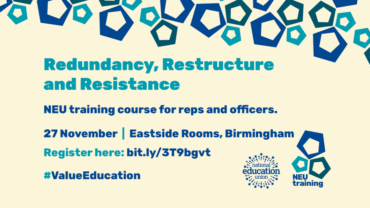 Redundancy, restructure and resistance 

<a href="/NEUTraining/">NEU Training</a> course designed to equip NEU workplace reps and branch and district officers with the skills to deal with redundancy in schools.
Including:
•        The wider context of education funding cuts and the impact on our members.
