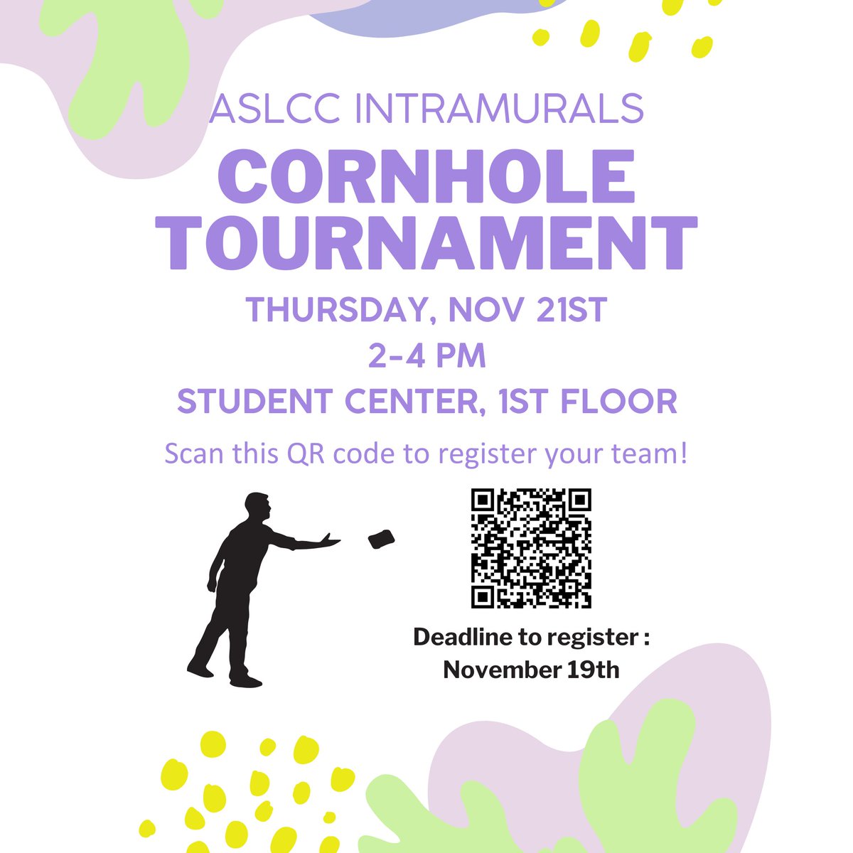 LowerCC's tweet image. Register your team by November 19th for the ASLCC Intramurals cornhole tournament. Thursday November 21st from 2-4pm at the LCC Student Center. #ASLCC #LCCevents #lowercolumbiacollege #lowercc #cornholetournament #LCCstudentLife