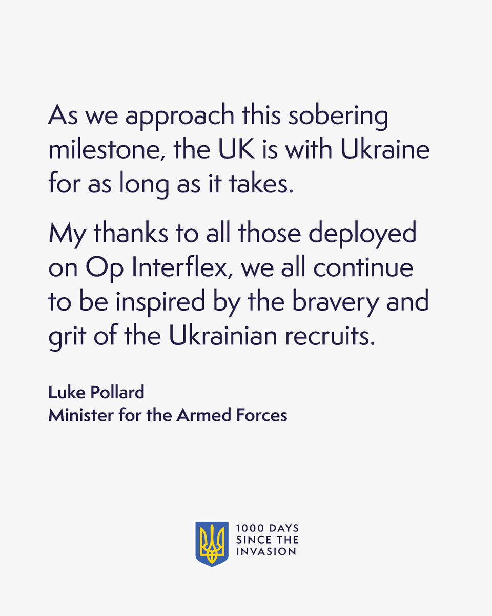 "The UK is with Ukraine for as long as it takes.”
 
Defence Minister @lukepollard pays tribute to the 50,000 Ukrainian recruits who have passed through Operation Interflex.
 
Tomorrow marks 1,000 days since the full-scale invasion of Ukraine.
 
#SlavaUkraini 🇺🇦