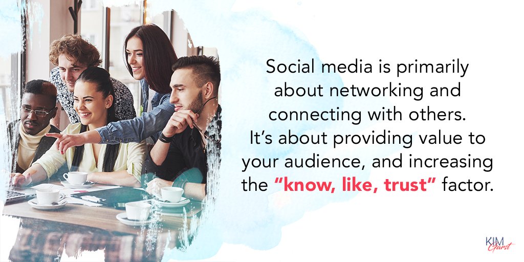 kimgarst's tweet photo. Social media is primarily about networking and connecting with others. It’s about providing value to your audience, and increasing the “know, like, trust” factor. 😉
#KimGarst #SocialMedia #SMTips https://t.co/qzdw10dc1s