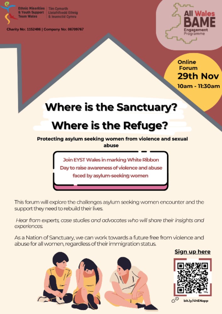 Sign up today and join EYST in marking White Ribbon Day at our upcoming forum held online on 29th November, 10 - 11:30 am 

🏘As a Nation of Sanctuary, are these women free from further harm when they arrive in Wales?🏴󠁧󠁢󠁷󠁬󠁳󠁿

*Sign Up Here*
bit.ly/4hENzpp