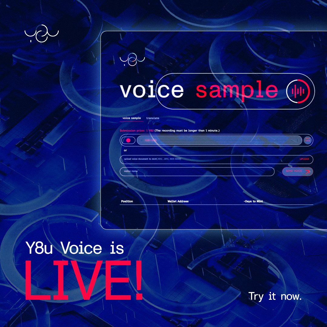 🚀 𝐖𝐞'𝐫𝐞 𝐋𝐈𝐕𝐄!
The Y8U Voice platform is now officially launched! 

🎙️ Clone your voice
🌍 Translate in multiple languages
💡 Powered by the revolutionary Y8U AI utility token

👉 Start now: 
voice-dna.y8u.ai

Be part of the future of AI voice tech!

#Y8UVoice #AI