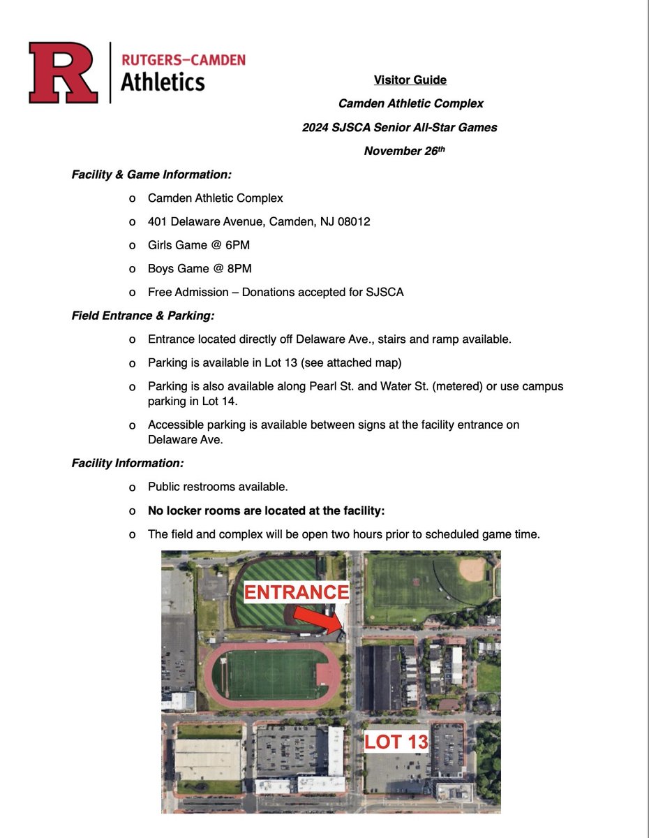 The SJ Senior All Star Game parking info for Rutgers Camden.
Nov. 26th - girls 6pm, boys 8pm
The finals rosters will be released later this week once they are finalized.
Donations will be accepted at the door to help fund our scholarships.