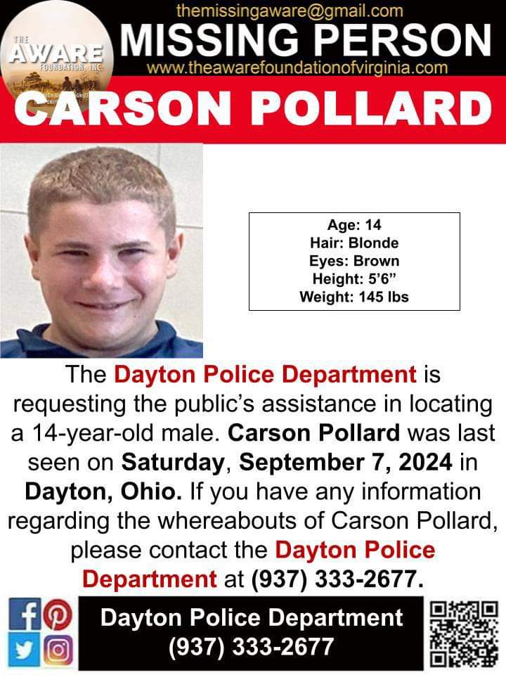 Please use your platforms to help find #CarsonPollard.

He is only 14 YO.

#Ohio
#MissingPerson