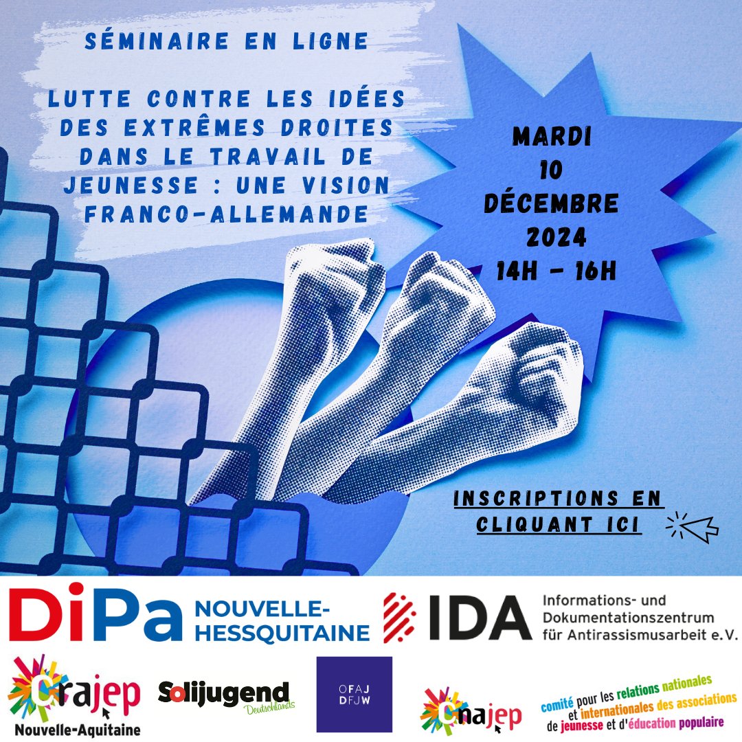 CNAJEP (@cnajep) on Twitter photo À vos agendas ! 📢Rdv le 10 décembre pour suivre le séminaire en ligne "Lutte contre les idées des extrêmes droites dans le travail de jeunesse : une vision franco-allemande" porté par le <a href="/CrajepNA/">Crajep NouvAquitaine</a> avec Solijugend Bayern et l'<a href="/ofaj_dfjw/">🇫🇷 OFAJ_DFJW 🇩🇪</a>
Pour s'inscrire us02web.zoom.us/meeting/regist… À vos agendas ! 📢Rdv le 10 décembre pour suivre le séminaire en ligne "Lutte contre les idées des extrêmes droites dans le travail de jeunesse : une vision franco-allemande" porté par le <a href="/CrajepNA/">Crajep NouvAquitaine</a> avec Solijugend Bayern et l'<a href="/ofaj_dfjw/">🇫🇷 OFAJ_DFJW 🇩🇪</a>
Pour s'inscrire us02web.zoom.us/meeting/regist…
