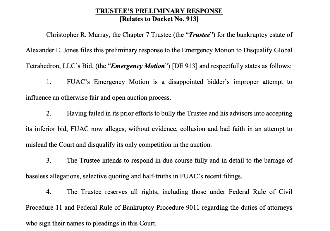 NEW: The court-appointed trustee overseeing the sale of Infowars just responded to the emergency motion to disqualify The Onion's bid, calling it "a disappointed bidder’s improper attempt to influence an otherwise fair and open auction process."