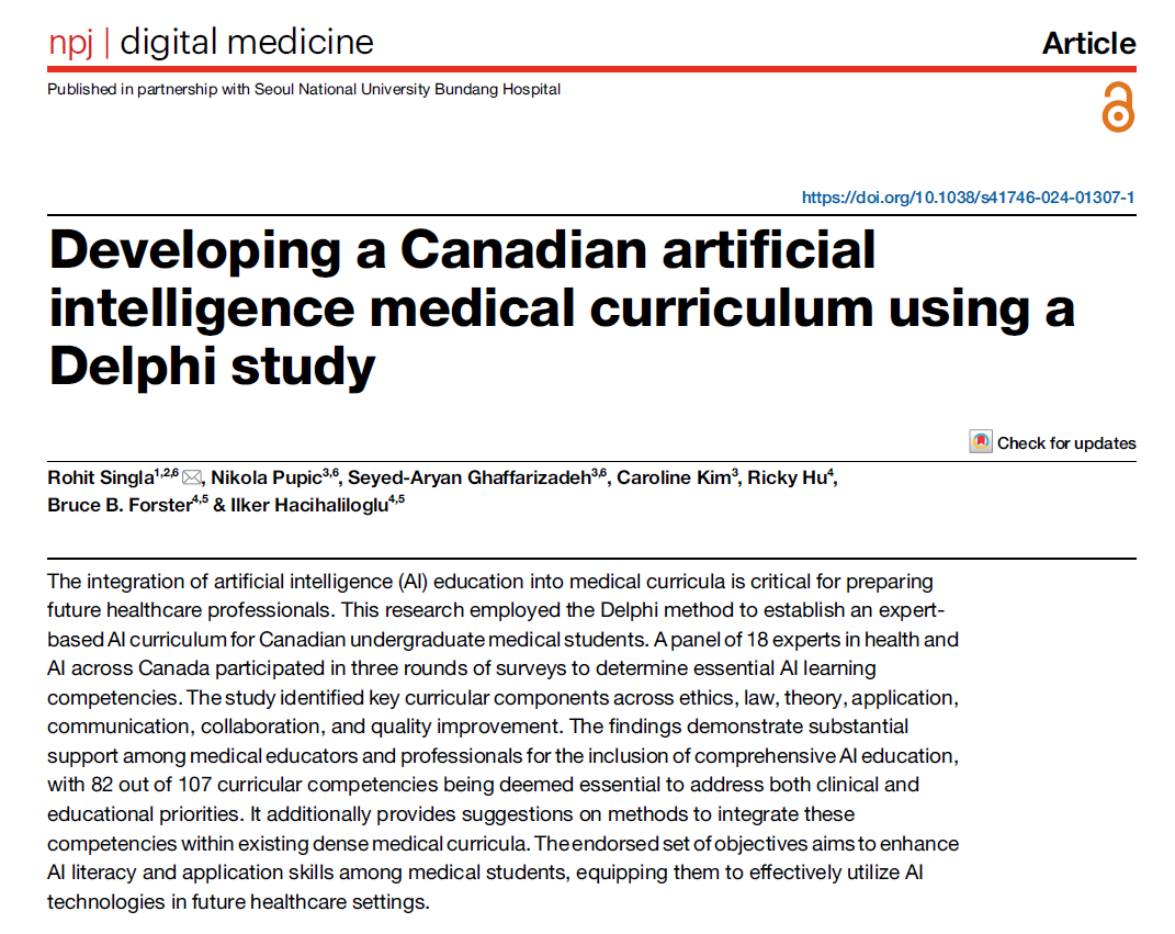 Incorporating #AI education into medical training is essential for equipping future healthcare professionals. 

This study developed an expert-approved AI curriculum for Canadian medical students, emphasizing ethics, law, application, and collaboration, with 82 essential