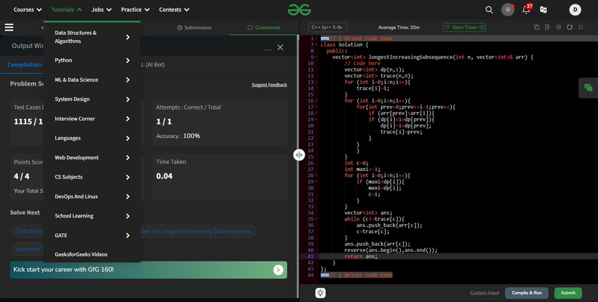Divy_pandey_dev's tweet image. 18-11-2024-&amp;gt;Day 21/n days of Code.
Tasks completed today-
1. Solved 3 problems based on Longest Increasing Subsequence from @striver_79 DSA sheet.
