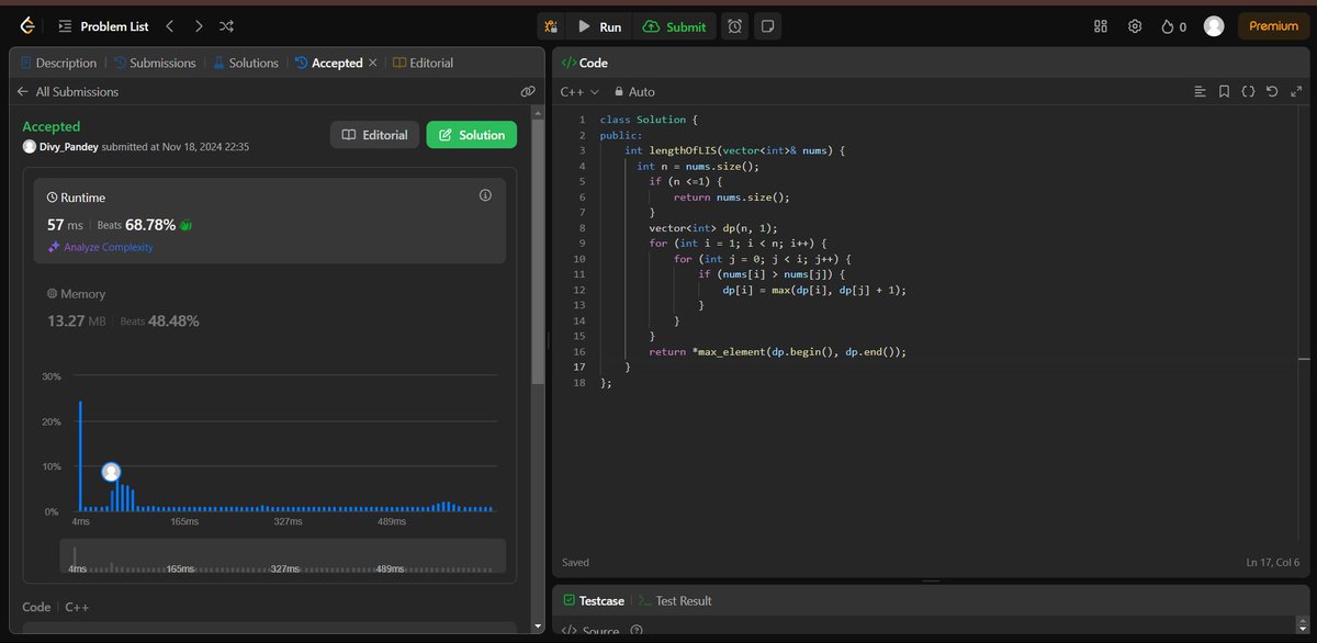 Divy_pandey_dev's tweet image. 18-11-2024-&amp;gt;Day 21/n days of Code.
Tasks completed today-
1. Solved 3 problems based on Longest Increasing Subsequence from @striver_79 DSA sheet.