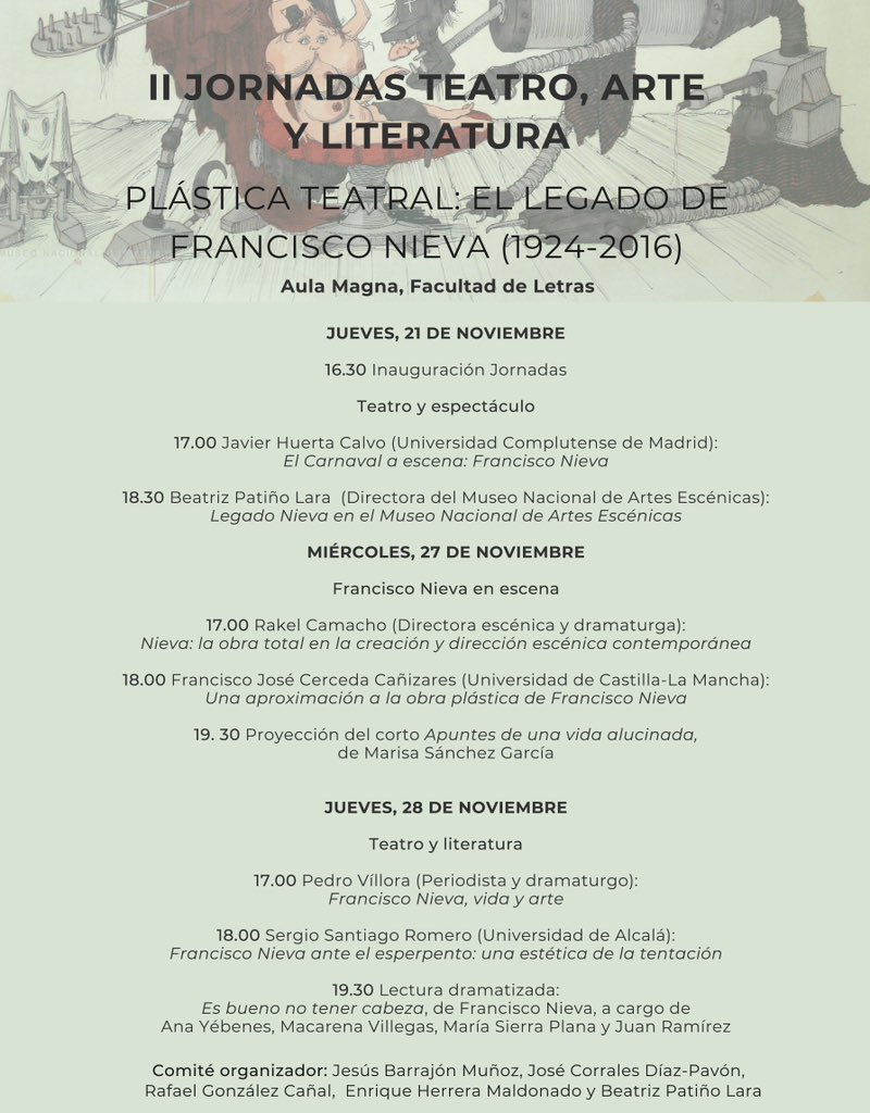 Hispánicas UCLM (@hispanicasuclm) on Twitter photo Esta semana en <a href="/DeLetras_UCLM/">Facultad Letras UCLM</a> comienzan las II Jornadas Teatro, arte y literatura, que en esta edición homenajearán a Francisco Nieva por el centenario de su nacimiento. Han sido organizadas por la Facultad y el <a href="/mnaescenicas/">Museo Nacional de Artes Escénicas</a> , con la colaboración del <a href="/AlmagroTClasico/">Instituto Almagro de Teatro Clásico</a> Esta semana en <a href="/DeLetras_UCLM/">Facultad Letras UCLM</a> comienzan las II Jornadas Teatro, arte y literatura, que en esta edición homenajearán a Francisco Nieva por el centenario de su nacimiento. Han sido organizadas por la Facultad y el <a href="/mnaescenicas/">Museo Nacional de Artes Escénicas</a> , con la colaboración del <a href="/AlmagroTClasico/">Instituto Almagro de Teatro Clásico</a>