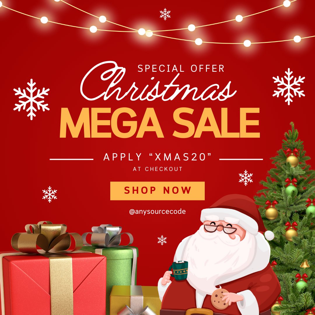 anysourcecode1's tweet image. 🎄 Magical Christmas Offer! 🎄
Get 20% OFF on all products at AnySourceCode this Christmas!
🎁 Valid from Nov 18 - Dec 25, until Midnight 🎁
🛒 Use code: XMAS20 at checkout to enjoy your festive savings!
🎅 Grab It Now! -> anysourcecode.com