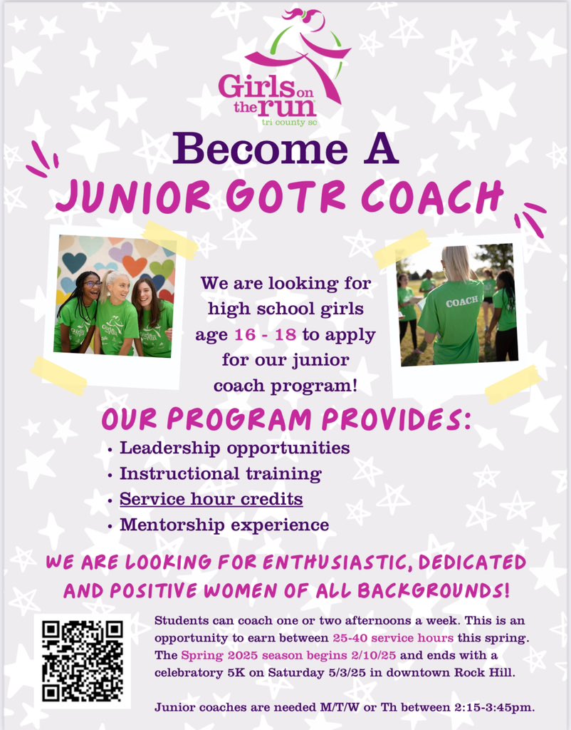 Girls on the Run is looking for high school girls between 16-18 years old to become junior coaches. Spring season will begin 2/10/25