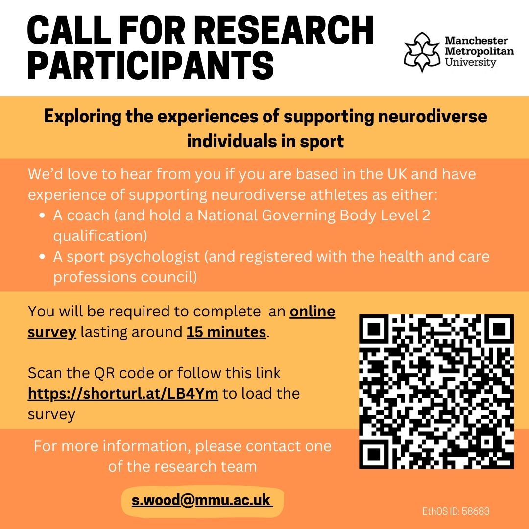 BPS Sport & Exercise Psychology (DSEP) (@bps_dsep) on Twitter photo CALL FOR RESEARCH PARTICIPANTS
Great opportunity for coaches or sport psychologists to fill out a survey to help shape best practice in psychology support for neurodiverse individuals in sport 👏
<a href="/BASES_Psy/">CASES Division of Psychology</a> <a href="/BPSOfficial/">British Psychological Society</a> CALL FOR RESEARCH PARTICIPANTS
Great opportunity for coaches or sport psychologists to fill out a survey to help shape best practice in psychology support for neurodiverse individuals in sport 👏
<a href="/BASES_Psy/">CASES Division of Psychology</a> <a href="/BPSOfficial/">British Psychological Society</a>