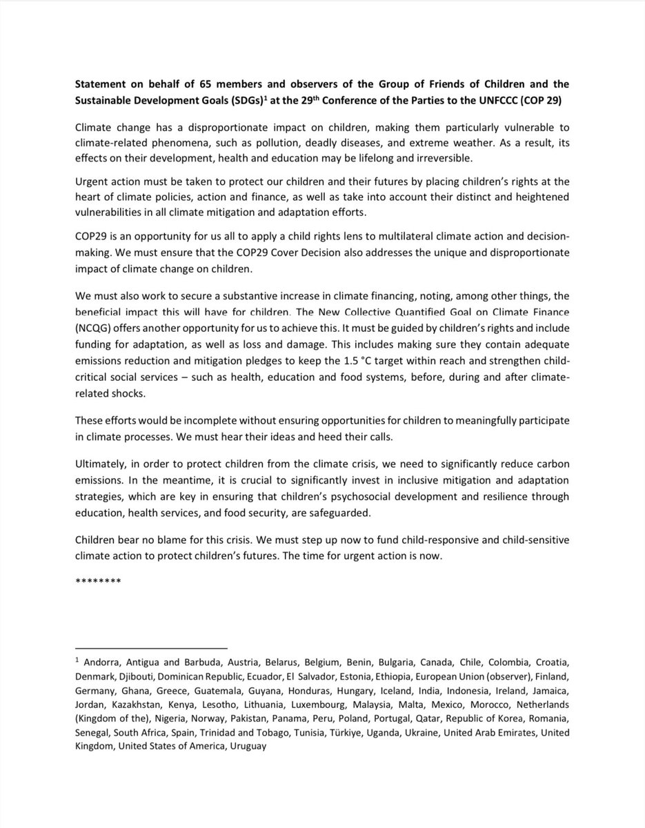 6️⃣5️⃣ members of the Group of Friends of #Children and the #SDGs co-chaired by #Bulgaria🇧🇬 #Jamaica🇯🇲 and #Luxembourg🇱🇺 issue on the occasion of #COP29 a joint statement calling for child-responsive #ClimateAction and the meaningful participation of children in climate processes