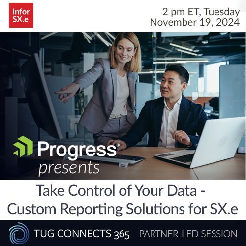 TUGconnects's tweet image. Join in and learn how Progress can help you transfer your SX.e data to a SQL (or Oracle) database in near-real time, enabling you to create reports using industry-standard applications. Register: buff.ly/3ZbfIgy 

#InforDistribution
#Distribution
#TUGconnects365
#TC365