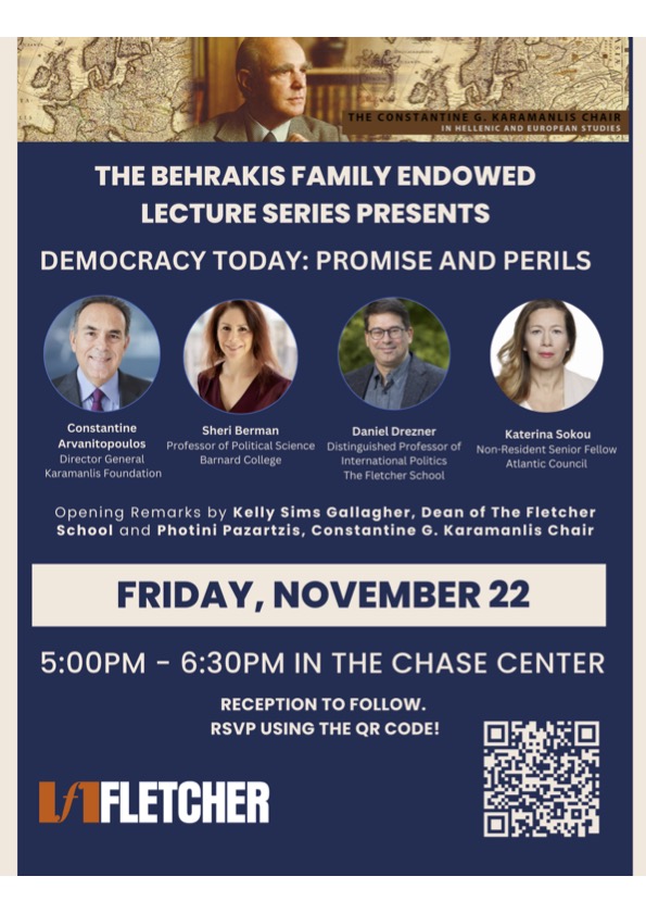 KChairFletcher's tweet photo. Please join us this Friday, November 22nd for the Behrakis Family Endowed Lecture Series on "Democracy Today: Promise and Perils." Reception to follow. Please register below.

https://t.co/1pacbAy6B8 https://t.co/YLVt9q2k5j