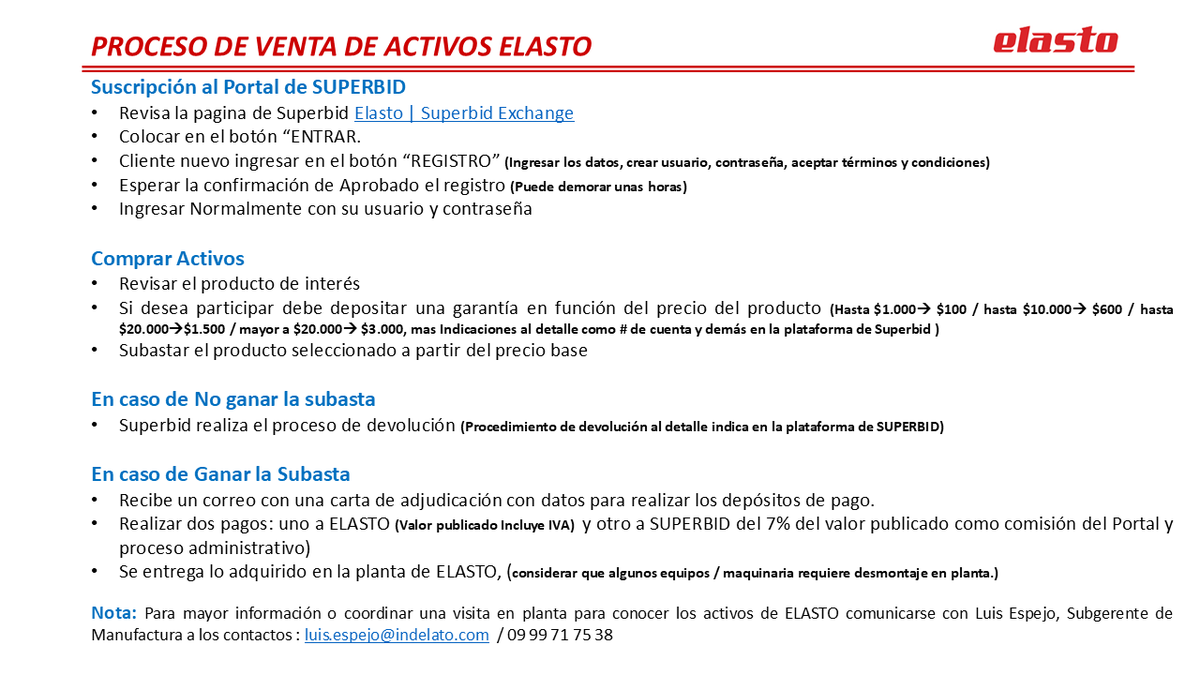 Invitamos a participar en la subasta industrial de equipos de la empresa ELASTO, a través del siguiente enlace: superbid.com.pe
Adjuntamos los pasos a seguir: